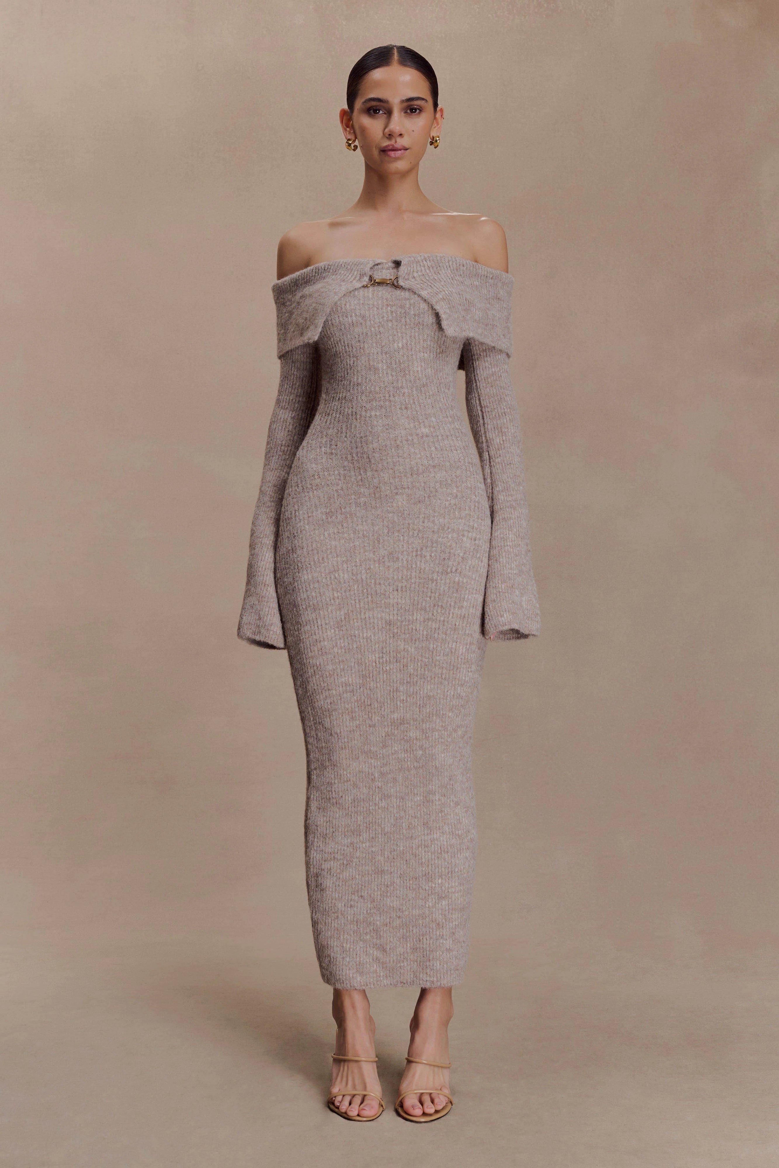 Baxter Off Shoulder Fluffy Knit Midi Dress - Taupe Marle