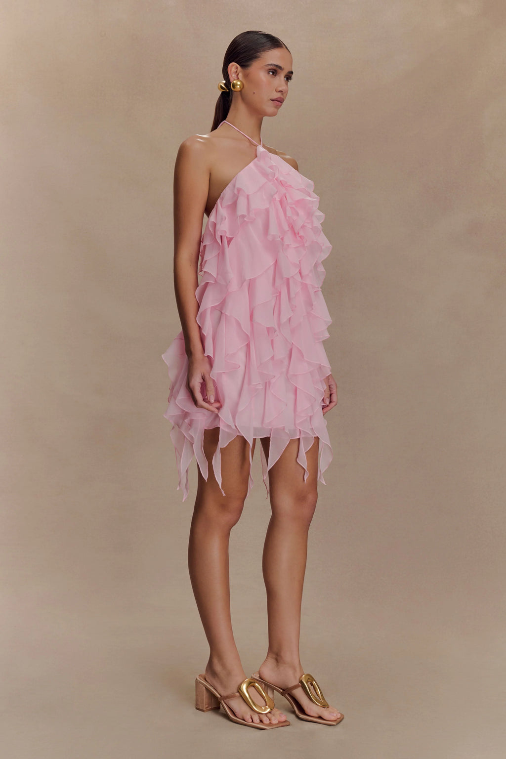 Marigold Ruffle Halter Mini Dress - Powder Pink