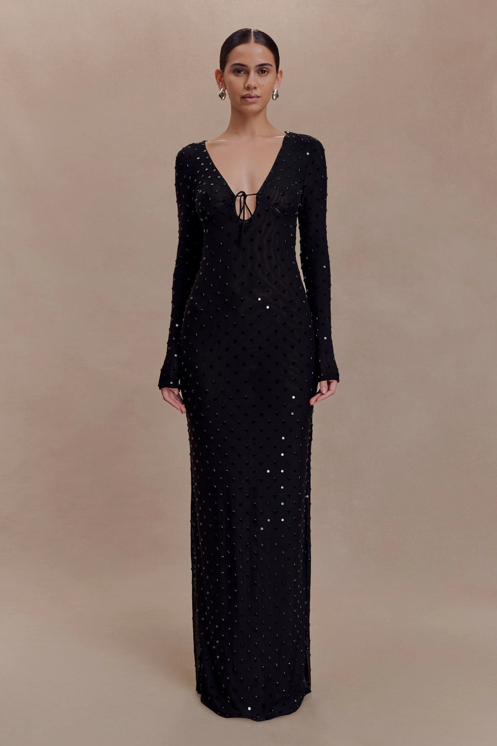 Acadia Diamante Long Sleeve Maxi Dress - Black