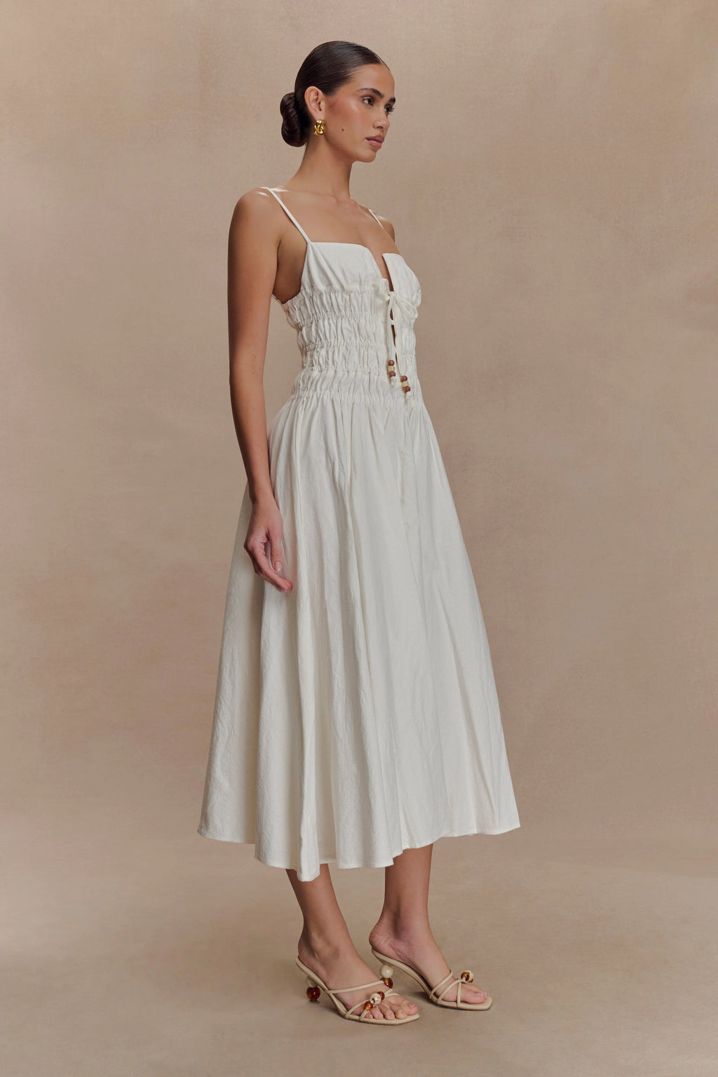 Elias Shirred Cotton Midi Dress - White
