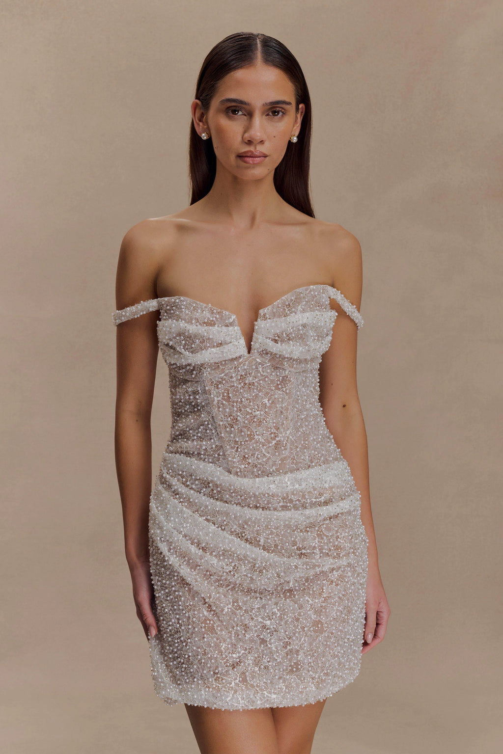 Connie Beaded Bodycon Mini Dress - Nude