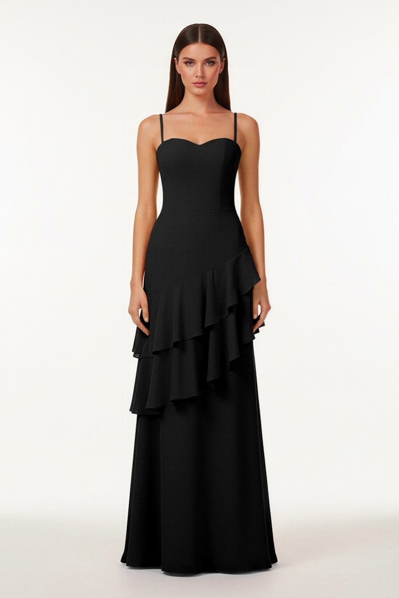 Posie | Black - Sheath Spaghetti Straps Chiffon Long Prom Dresses with Ruffles -KissProm