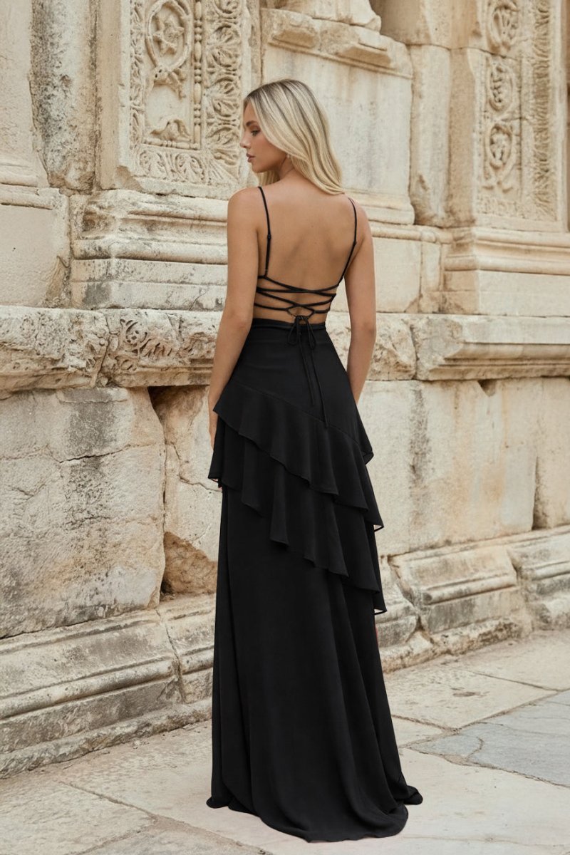 Red Sheath Spaghetti Straps Chiffon Long Prom Dresses with Ruffles - KissProm
