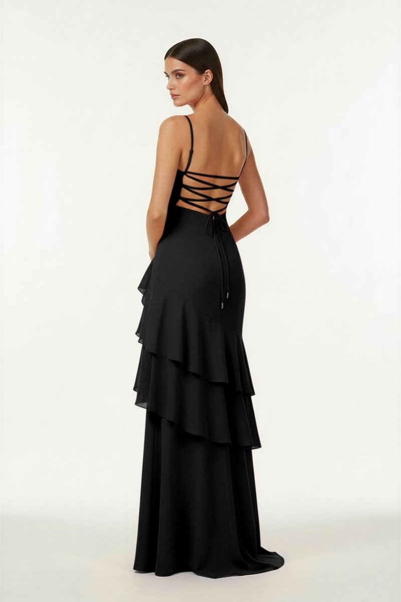 Posie | Black - Sheath Spaghetti Straps Chiffon Long Prom Dresses with Ruffles -KissProm