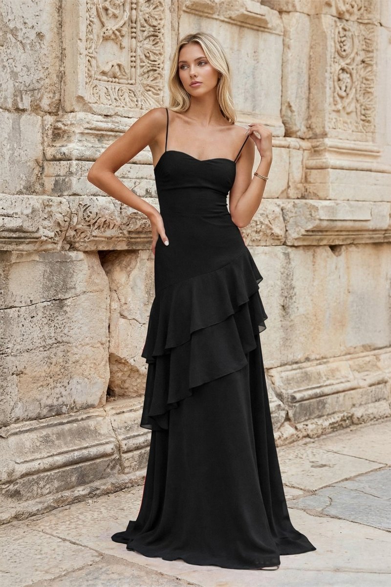 Red Sheath Spaghetti Straps Chiffon Long Prom Dresses with Ruffles - KissProm