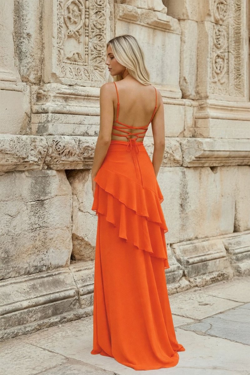 Red Sheath Spaghetti Straps Chiffon Long Prom Dresses with Ruffles - KissProm