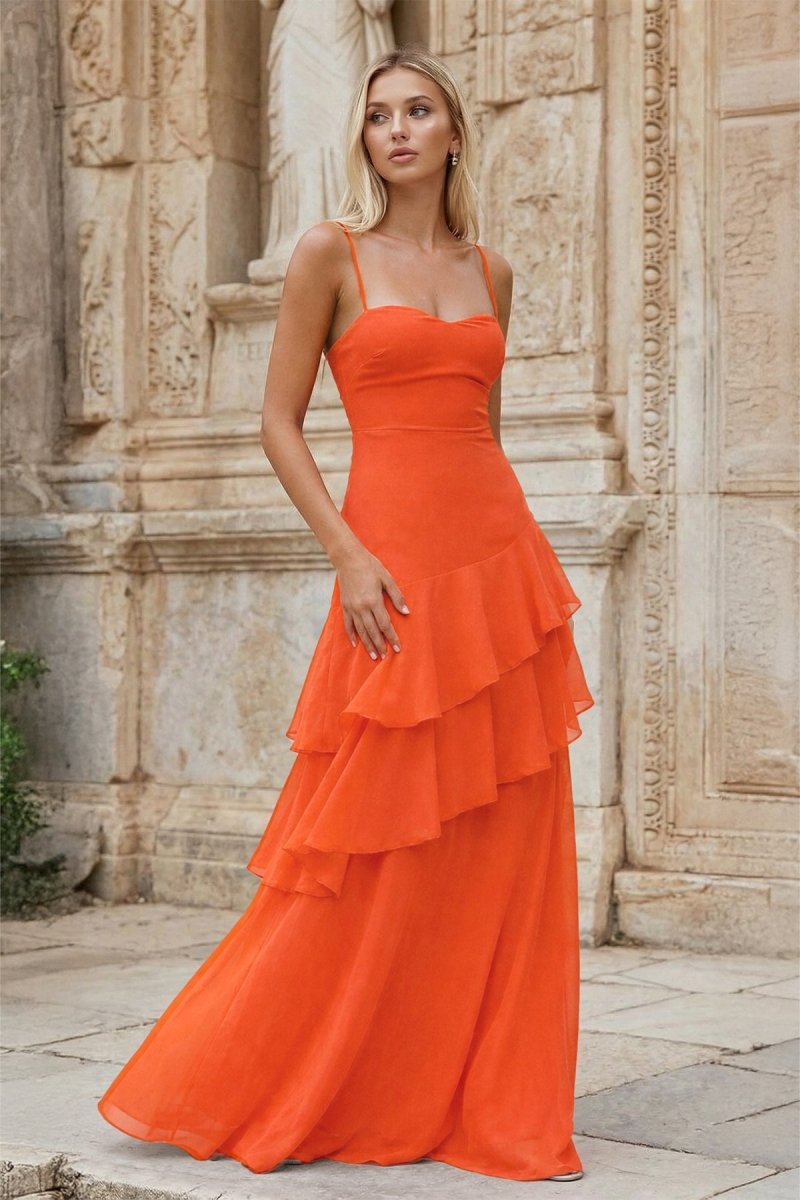 Red Sheath Spaghetti Straps Chiffon Long Prom Dresses with Ruffles - KissProm