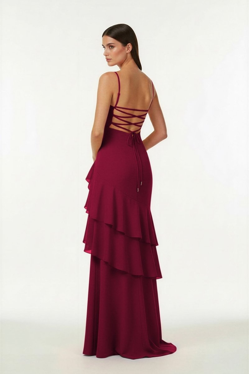 Posie | Burgundy - Sheath Spaghetti Straps Chiffon Long Prom Dresses with Ruffles -KissProm