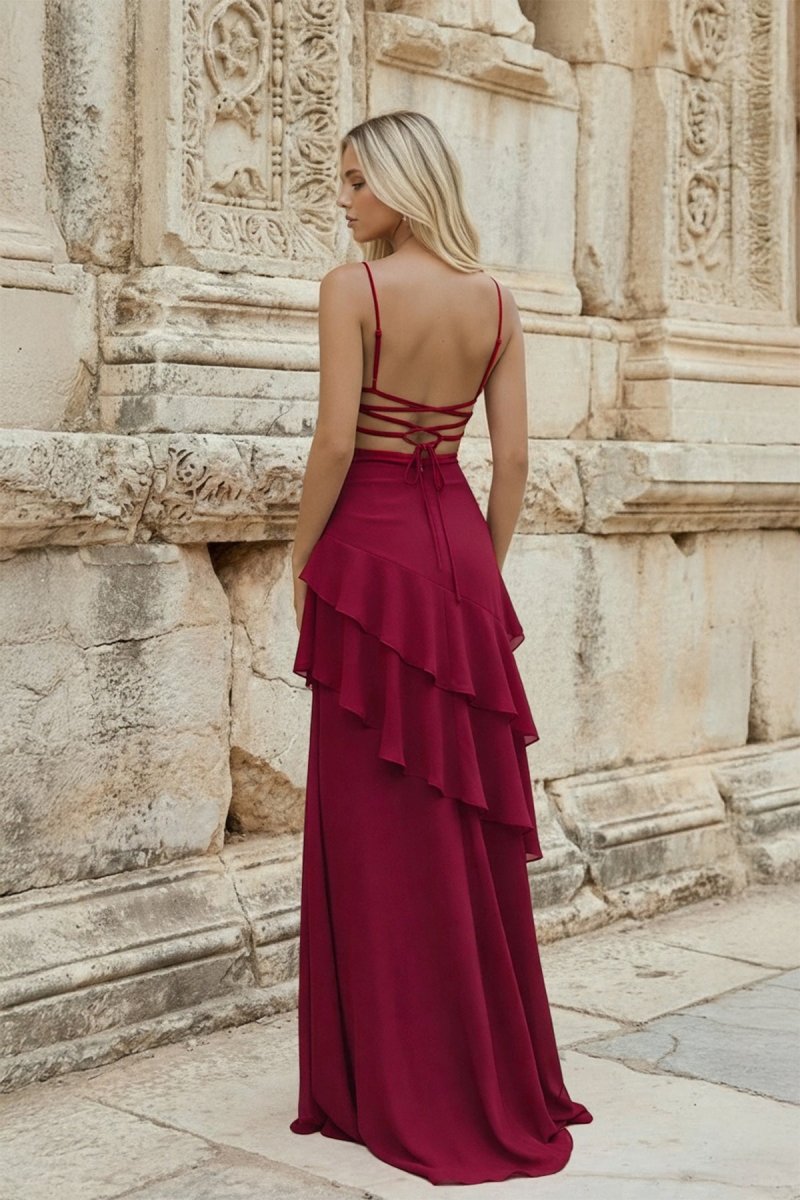 Red Sheath Spaghetti Straps Chiffon Long Prom Dresses with Ruffles - KissProm