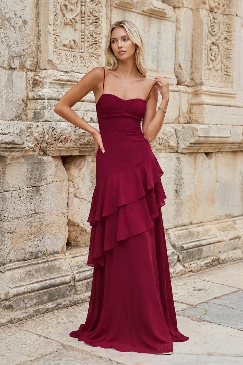 Red Sheath Spaghetti Straps Chiffon Long Prom Dresses with Ruffles - KissProm