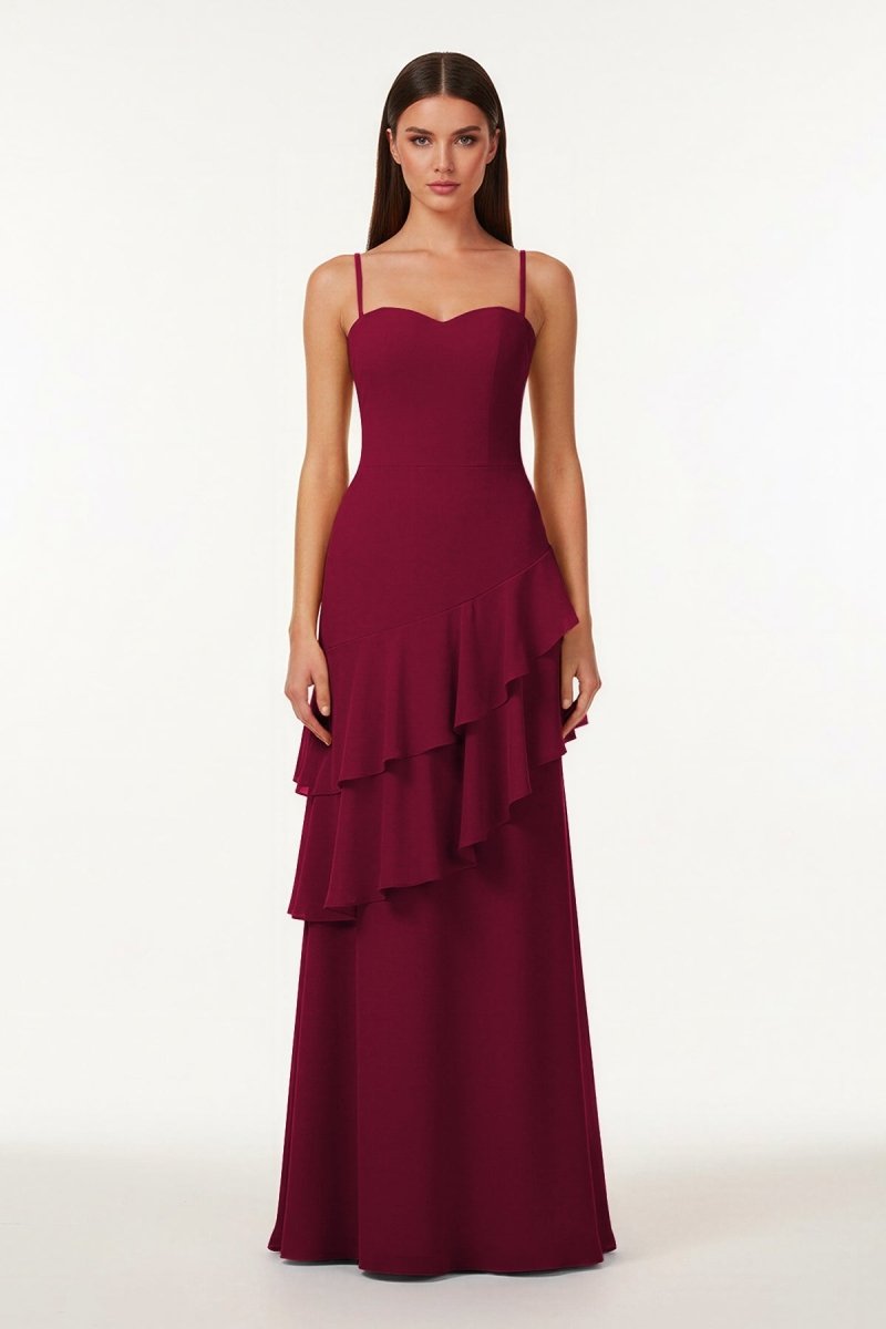 Posie | Burgundy - Sheath Spaghetti Straps Chiffon Long Prom Dresses with Ruffles -KissProm