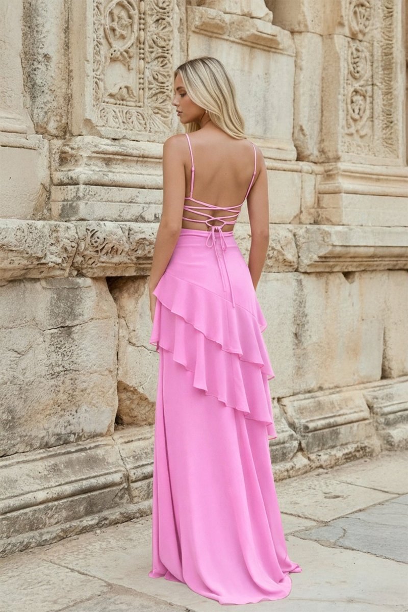 Red Sheath Spaghetti Straps Chiffon Long Prom Dresses with Ruffles - KissProm