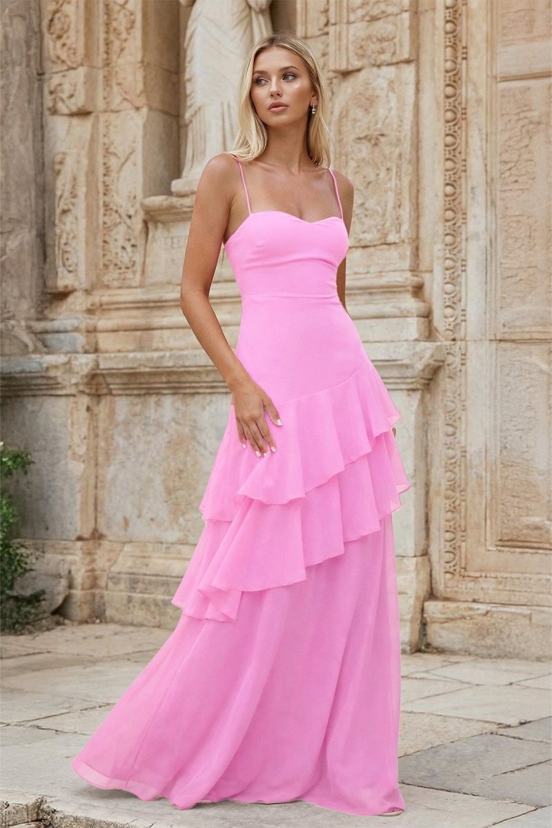 Red Sheath Spaghetti Straps Chiffon Long Prom Dresses with Ruffles - KissProm