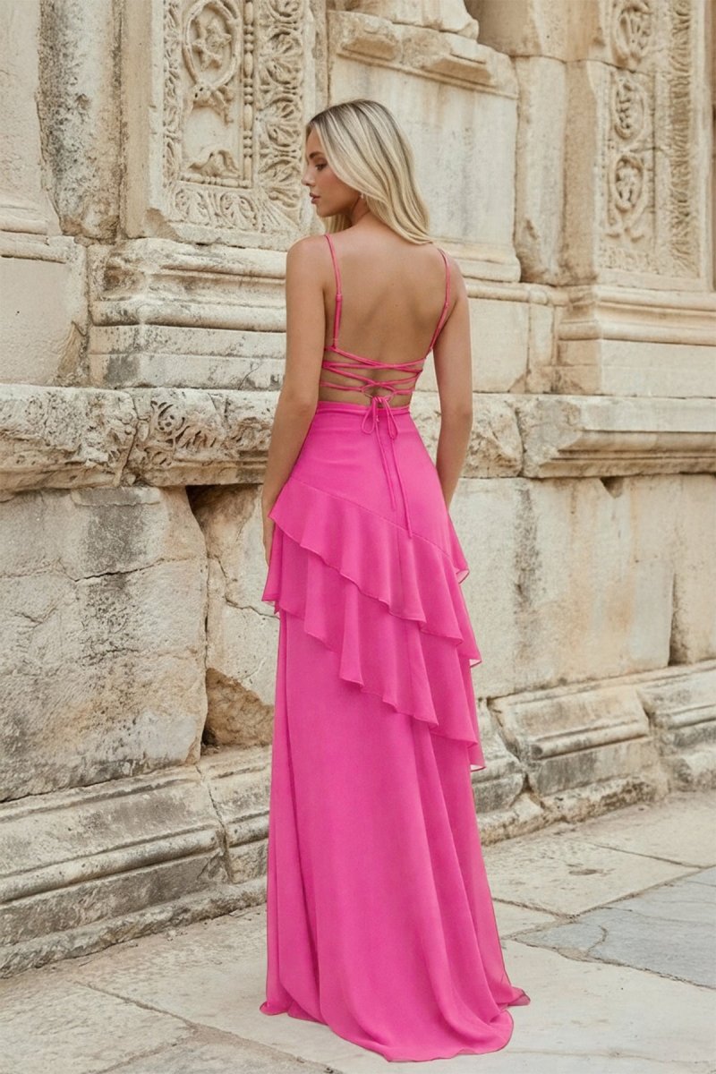 Red Sheath Spaghetti Straps Chiffon Long Prom Dresses with Ruffles - KissProm