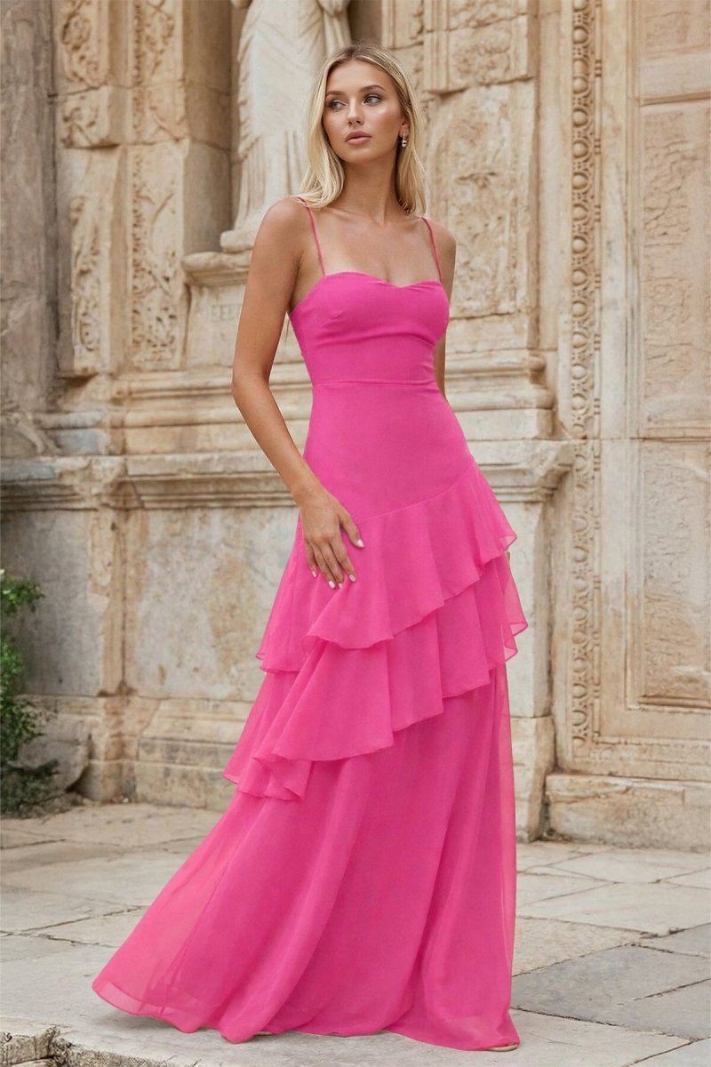 Red Sheath Spaghetti Straps Chiffon Long Prom Dresses with Ruffles - KissProm