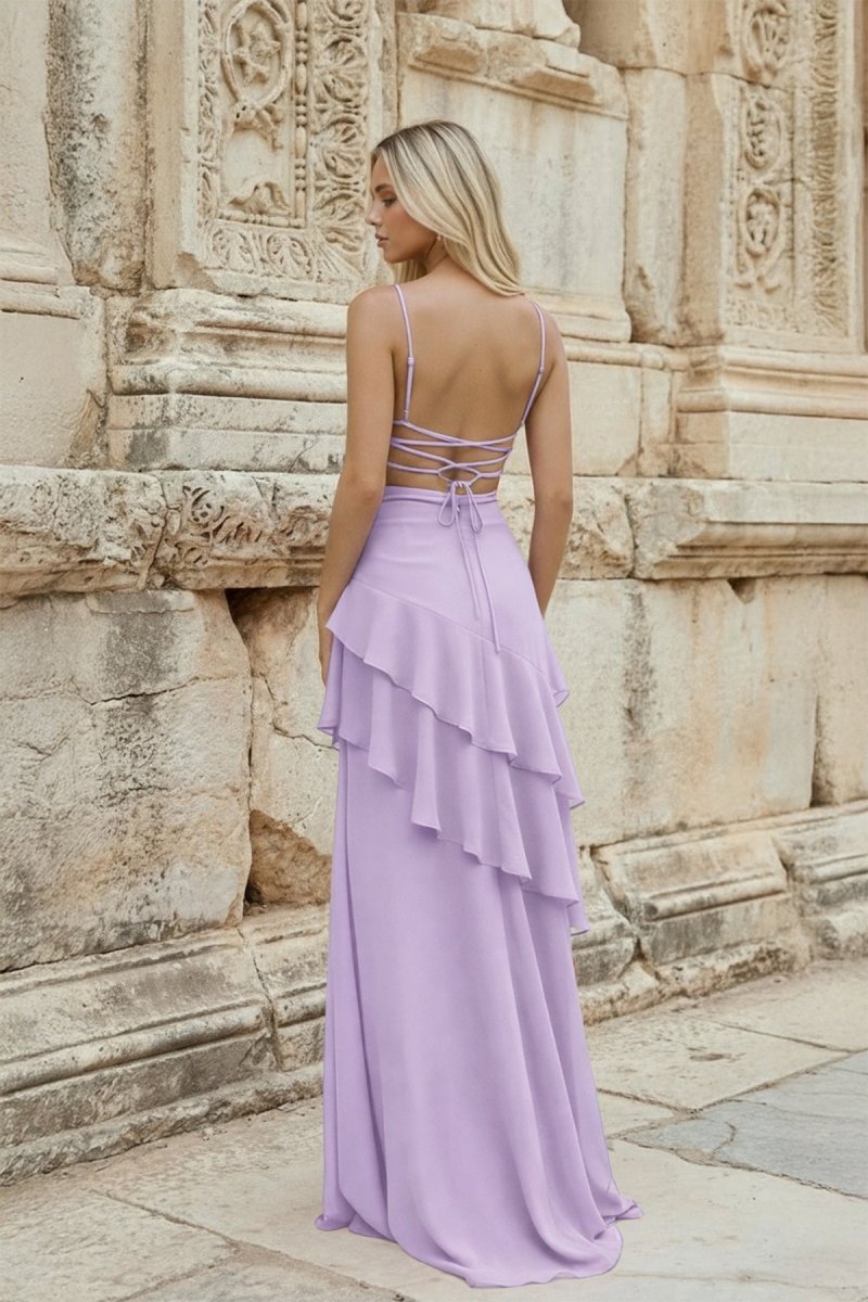 Red Sheath Spaghetti Straps Chiffon Long Prom Dresses with Ruffles - KissProm