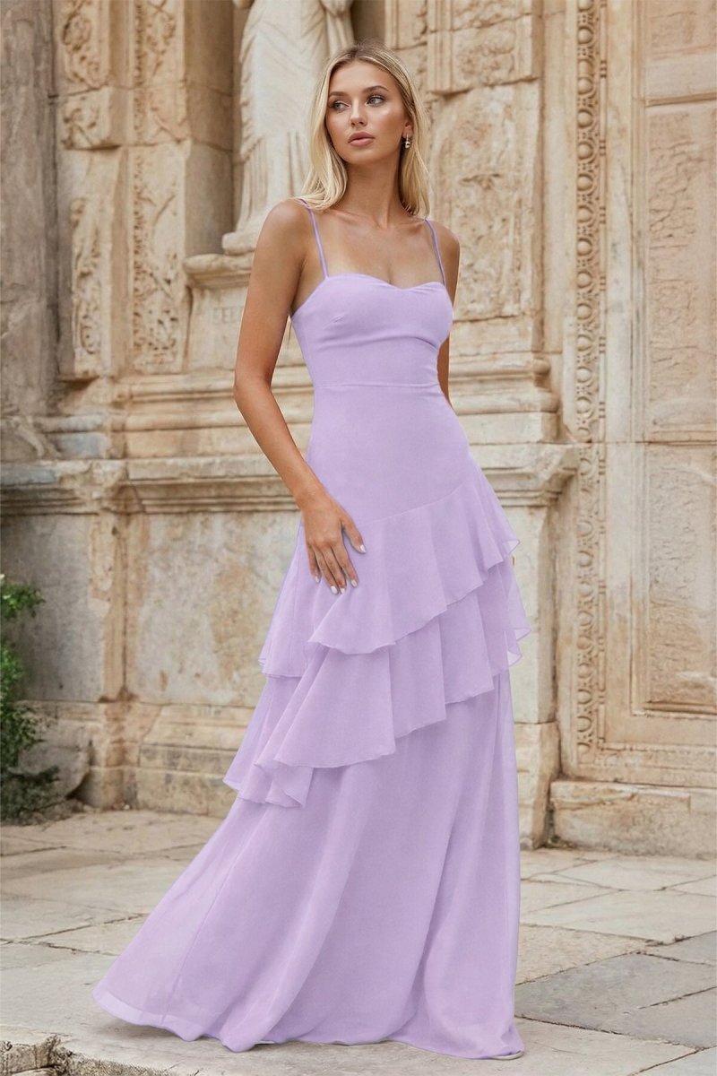 Red Sheath Spaghetti Straps Chiffon Long Prom Dresses with Ruffles - KissProm