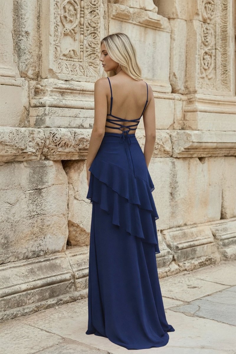Red Sheath Spaghetti Straps Chiffon Long Prom Dresses with Ruffles - KissProm