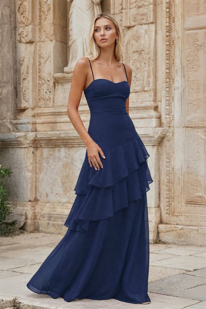 Red Sheath Spaghetti Straps Chiffon Long Prom Dresses with Ruffles - KissProm
