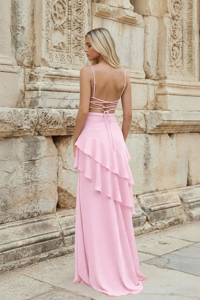 Red Sheath Spaghetti Straps Chiffon Long Prom Dresses with Ruffles - KissProm