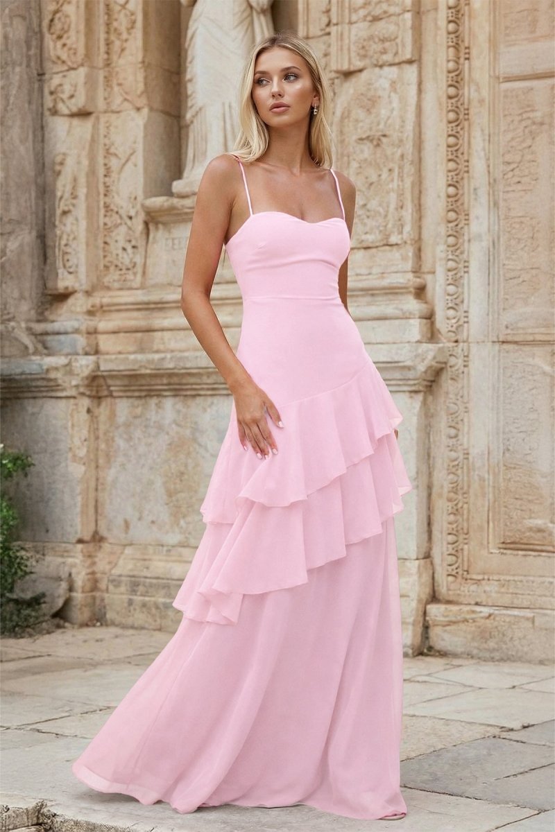 Red Sheath Spaghetti Straps Chiffon Long Prom Dresses with Ruffles - KissProm