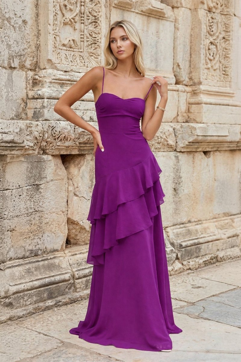 Red Sheath Spaghetti Straps Chiffon Long Prom Dresses with Ruffles - KissProm