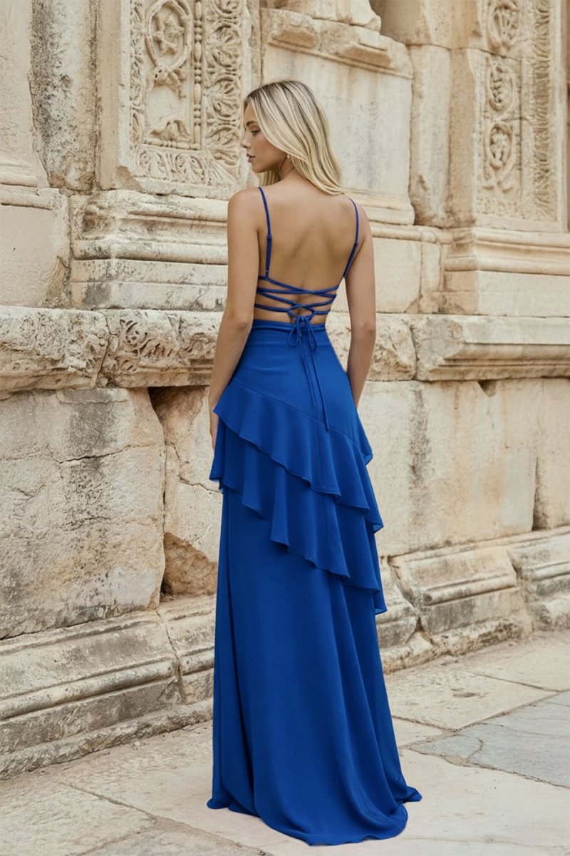 Red Sheath Spaghetti Straps Chiffon Long Prom Dresses with Ruffles - KissProm