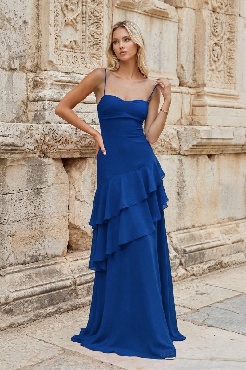 Red Sheath Spaghetti Straps Chiffon Long Prom Dresses with Ruffles - KissProm