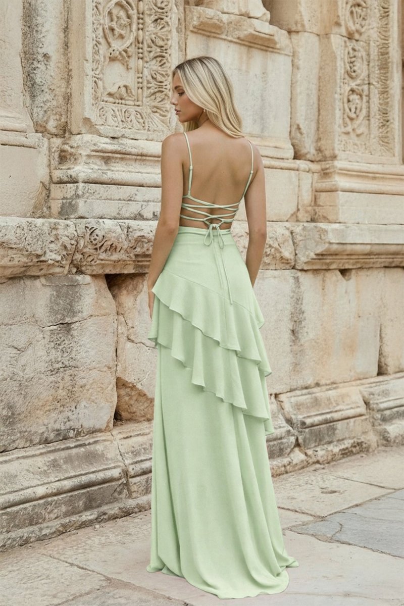 Red Sheath Spaghetti Straps Chiffon Long Prom Dresses with Ruffles - KissProm