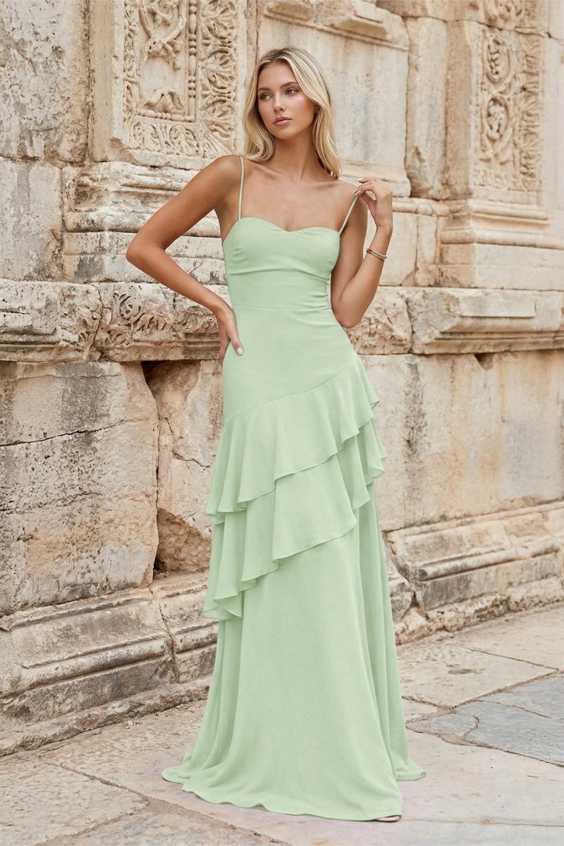 Red Sheath Spaghetti Straps Chiffon Long Prom Dresses with Ruffles - KissProm