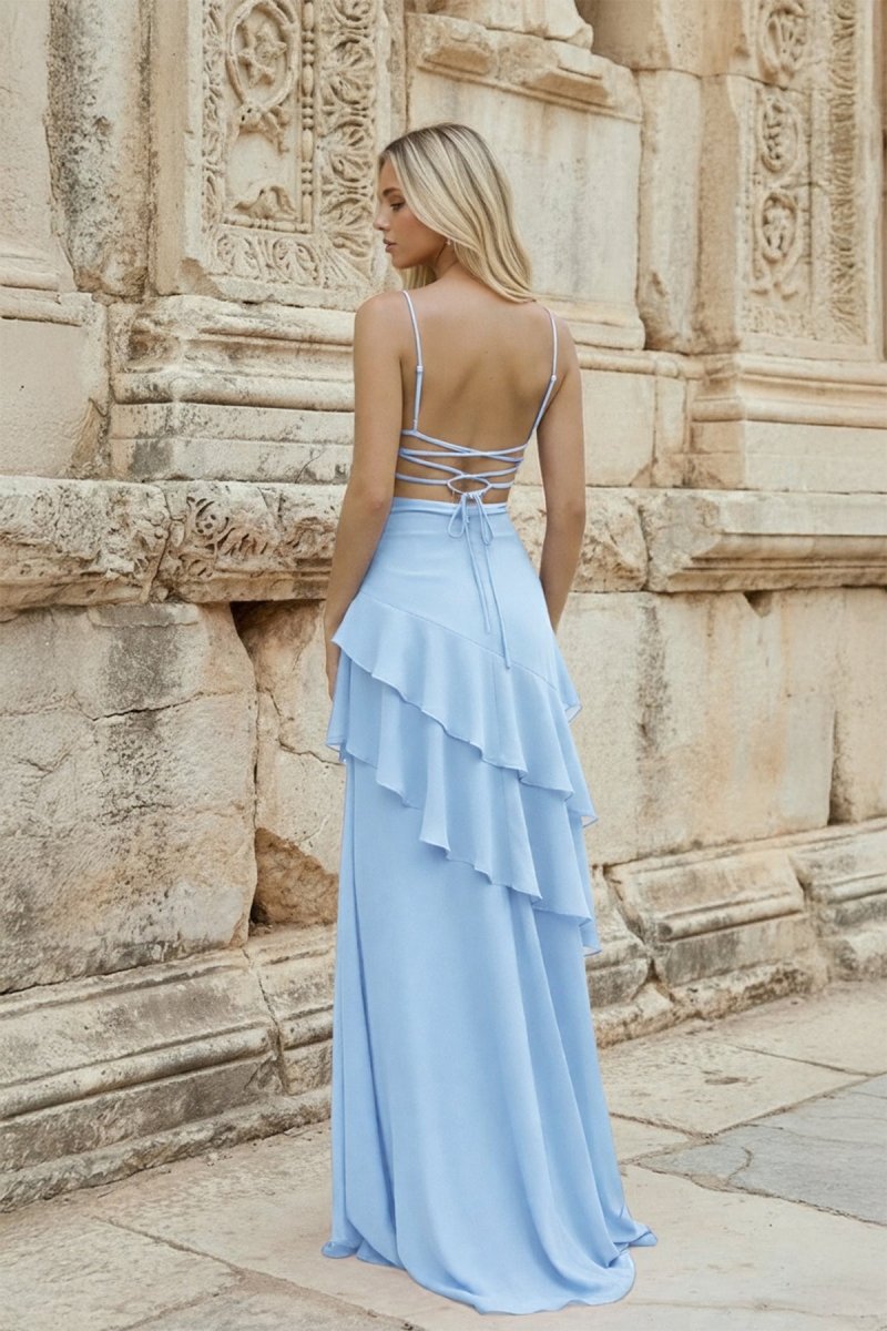 Red Sheath Spaghetti Straps Chiffon Long Prom Dresses with Ruffles - KissProm