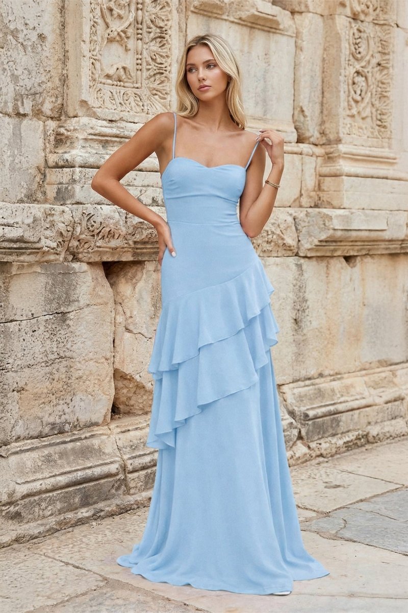 Red Sheath Spaghetti Straps Chiffon Long Prom Dresses with Ruffles - KissProm