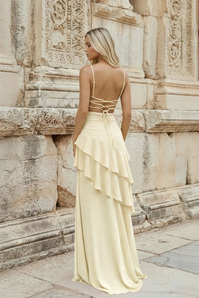 Red Sheath Spaghetti Straps Chiffon Long Prom Dresses with Ruffles - KissProm