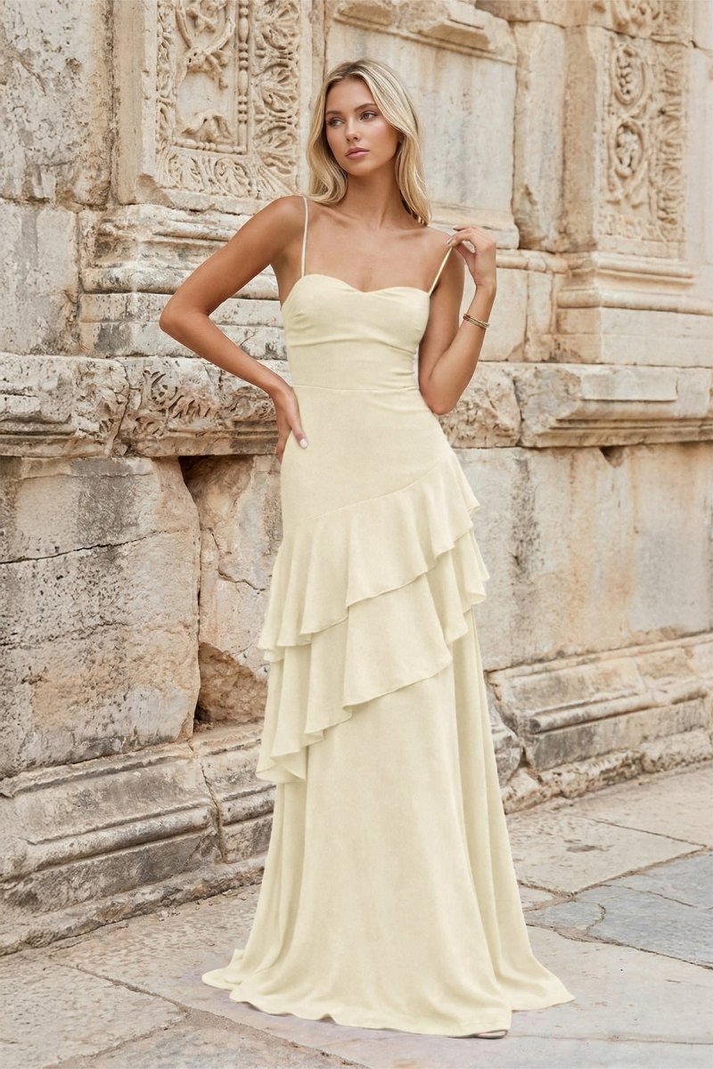 Red Sheath Spaghetti Straps Chiffon Long Prom Dresses with Ruffles - KissProm