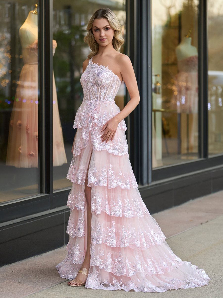 Livia |Sheath One Shoulder Tiered Lace Long Prom Dress - KissProm