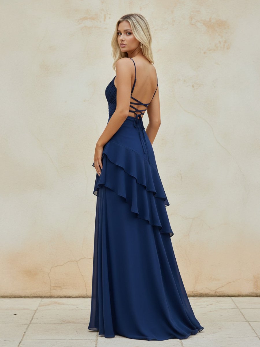 Red Sheath Spaghetti Straps Chiffon Long Prom Dresses with Ruffles - KissProm